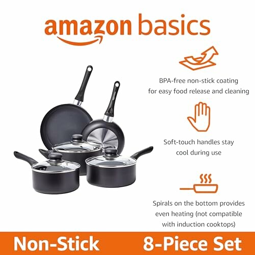 Amazon Basics non-stick 8-piece cookware set with BPA-free coating and soft-touch handles.