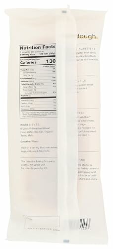 Nutrition facts and ingredients on bread packaging.