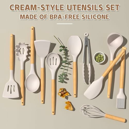 Cream-style silicone kitchen utensils set with wooden handles.