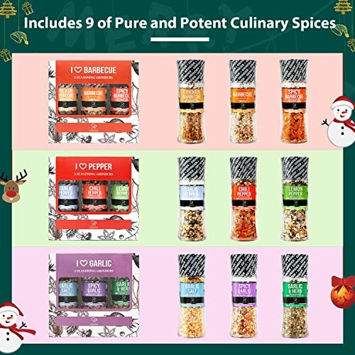 Assorted spice gift set with barbecue, pepper, and garlic seasonings.