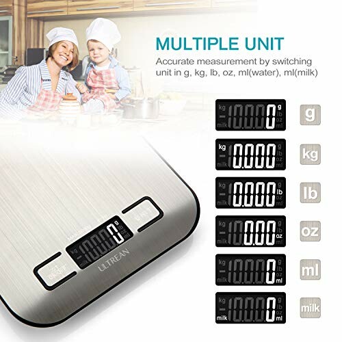 Digital kitchen scale with multiple unit options including g, kg, lb, oz, ml (water), ml (milk).