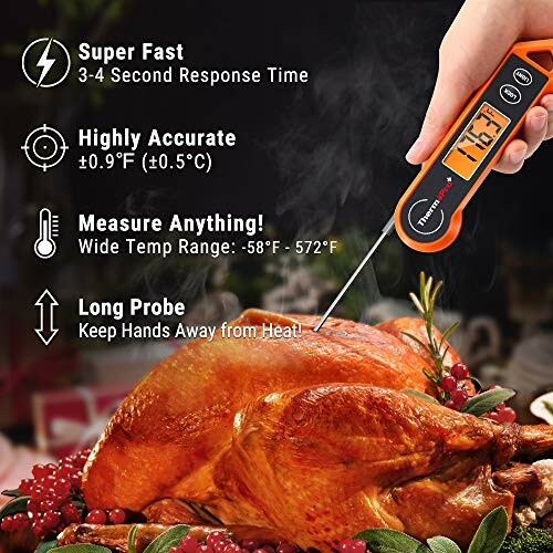 Digital meat thermometer measuring temperature of a cooked turkey