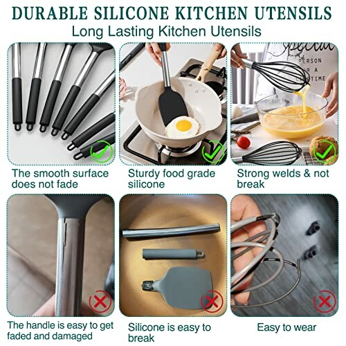 Durable silicone kitchen utensils with features and benefits.