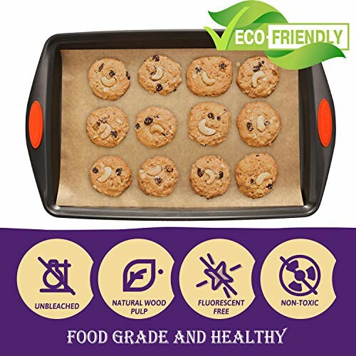 Eco-friendly baking sheet with cookies, highlighting unbleached, natural wood pulp, fluorescent free, and non-toxic features.