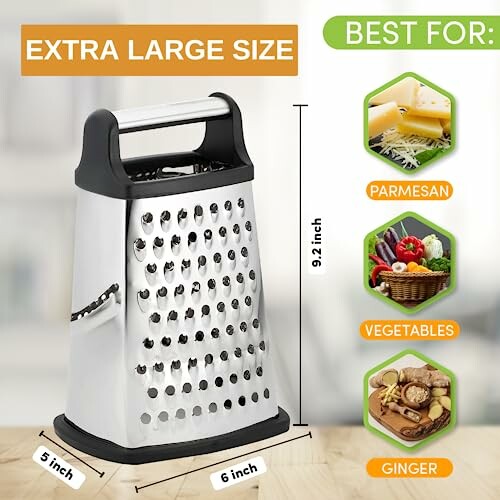 Extra large cheese grater with size dimensions and usage suggestions for parmesan, vegetables, and ginger.