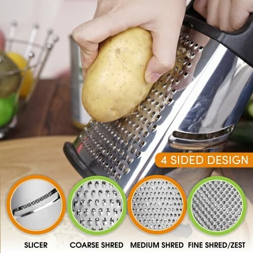 Hand using a four-sided grater to shred a potato on a wooden board.