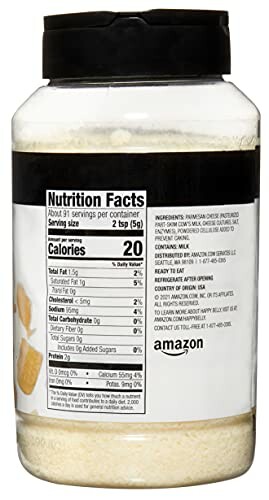 Grated cheese container showing nutrition facts and ingredients.