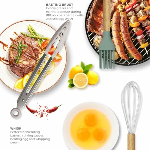 Grilling tools with steak, eggs, lemon, and chili peppers.