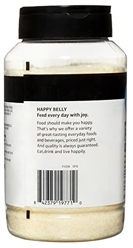 Back of a Happy Belly food product container with a description.