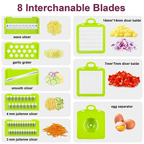 Set of 8 interchangeable kitchen blades for slicing, dicing, grating, and separating eggs.