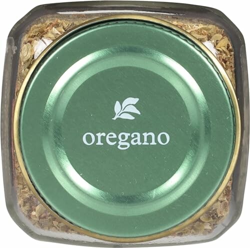 Top view of a jar labeled oregano