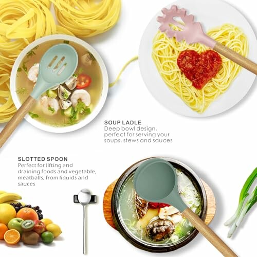 Kitchen utensils with pasta, soup, and fruits.