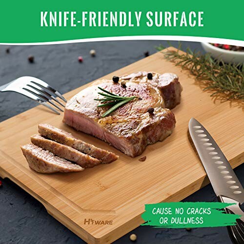 Cutting board with sliced meat and knife, labeled as knife-friendly surface.