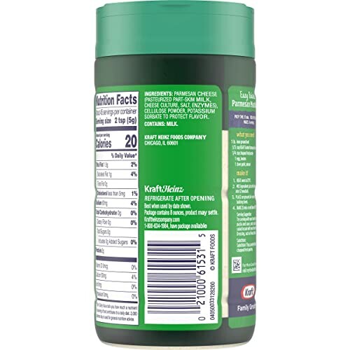 Back view of Kraft Parmesan Cheese container showing nutrition facts and ingredients