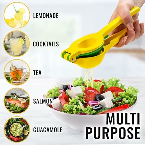 Lemon squeezer in use over salad with multi-purpose uses for lemonade, cocktails, tea, salmon, guacamole.