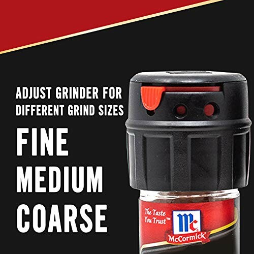 McCormick grinder with adjustable settings for fine, medium, and coarse grind sizes.