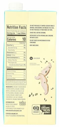 Back of mushroom broth carton with nutrition facts and ingredients.