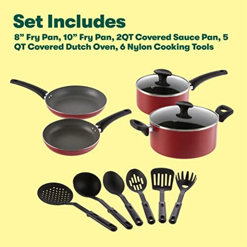 Nonstick cookware set with pans, pots, and nylon tools.