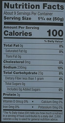 Nutrition facts label showing calories and nutrient information.