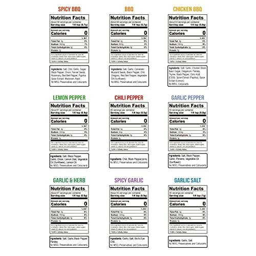 Nine nutrition facts labels for different seasoning flavors.