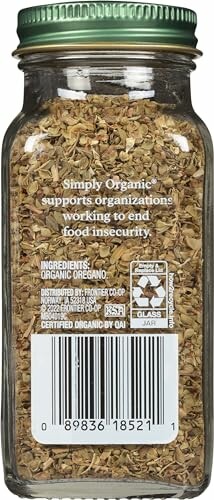 Glass jar of Simply Organic oregano with label showing ingredients and certifications