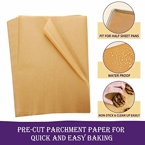 Pre-cut parchment paper sheets with baking benefits highlighted.