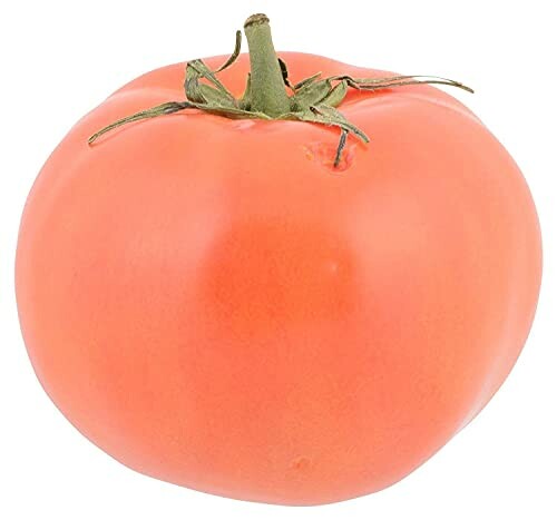 A ripe red tomato with a green stem.