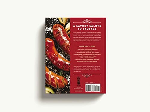 Back cover of a sausage cookbook featuring cooked sausages and text about the book