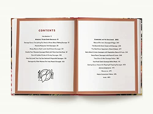 Open cookbook showing contents page with sausage recipes