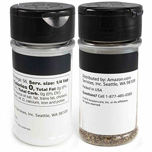 Two seasoning bottles with nutritional information and contact details.