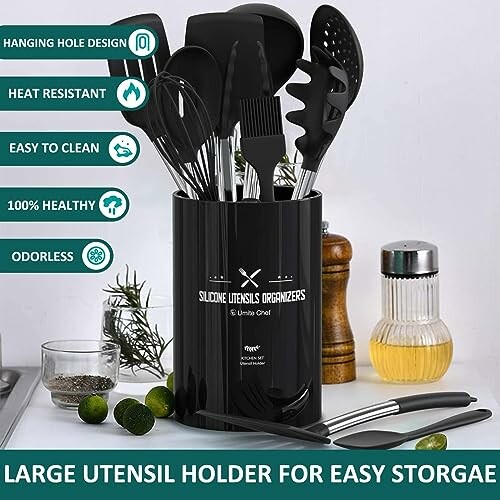 Black silicone utensil holder with kitchen tools and labels highlighting features.