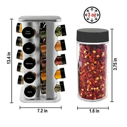 Rotating spice rack with labeled jars and a separate jar of red pepper flakes.