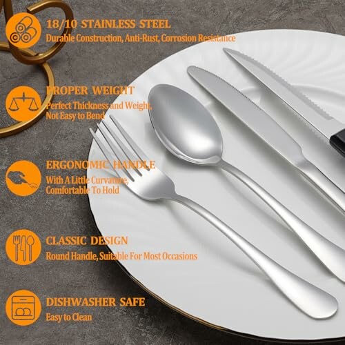 Stainless steel cutlery set with features listed: durable, proper weight, ergonomic handle, classic design, dishwasher safe.