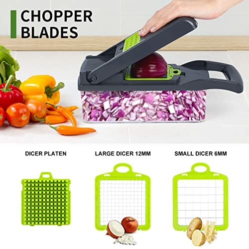 Vegetable chopper with various blades and diced onions.