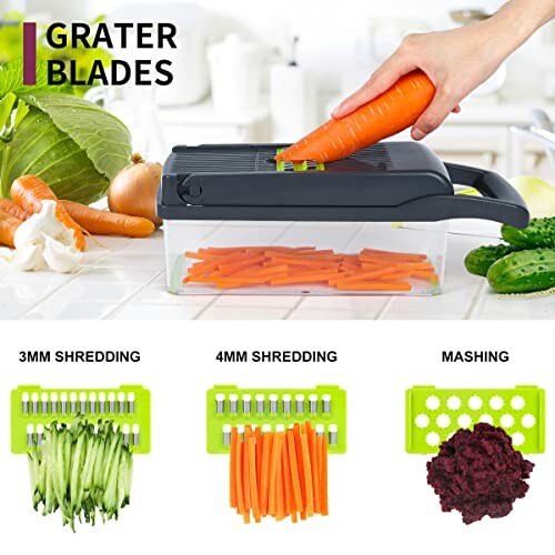 Vegetable grater with interchangeable blades for shredding and mashing.