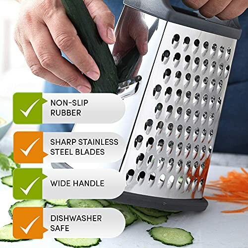 Person using a stainless steel grater with cucumber, highlighting features like non-slip rubber, sharp blades, wide handle, and dishwasher safe.