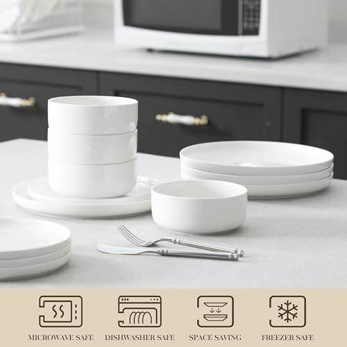 White dinnerware set with bowls, plates, and icons for microwave, dishwasher, space saving, and freezer safe.