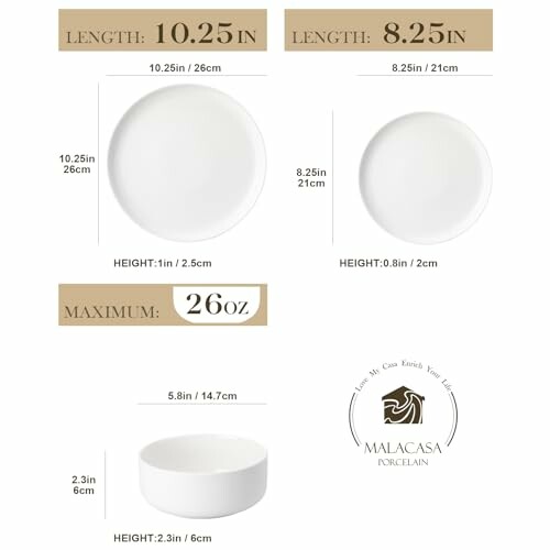 Diagram showing dimensions of white porcelain dishes with heights and capacities.